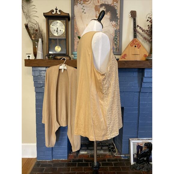 Chicos Size 2 US L 12/14 Tank Open Cardigan Sweater Set Camel Beige Sequin 2pcs - Picture 7 of 16